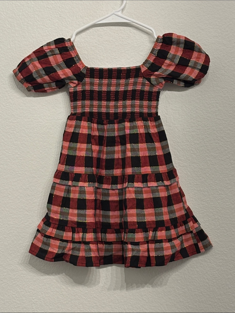Cleobella Red and Black Plaid Puff-Sleeve Dress Smocked Bodice